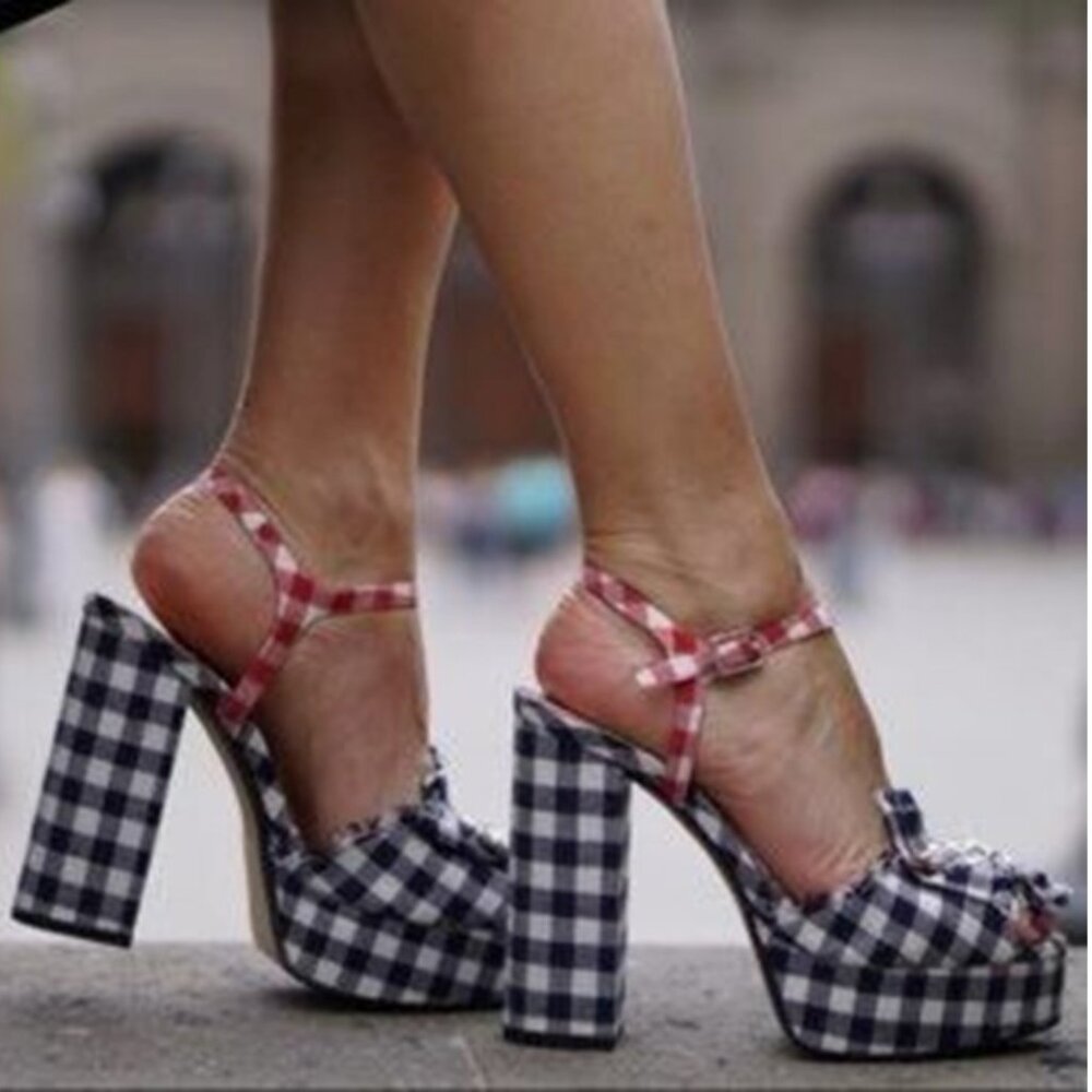 ZARA Bejeweled VICHY Blue Red Gingham Retro Pin Up Platform Sandals Size 7.5/38